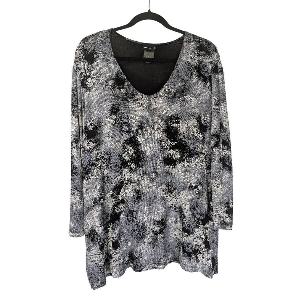 CITIKNITS Women's Slinky Travel Knit Blouse 3/4 Sleeve Black White Gray Size XL